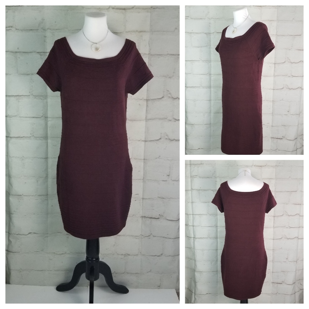 Max Studio L Burgundy Cap Sleeve Knee Length Dress